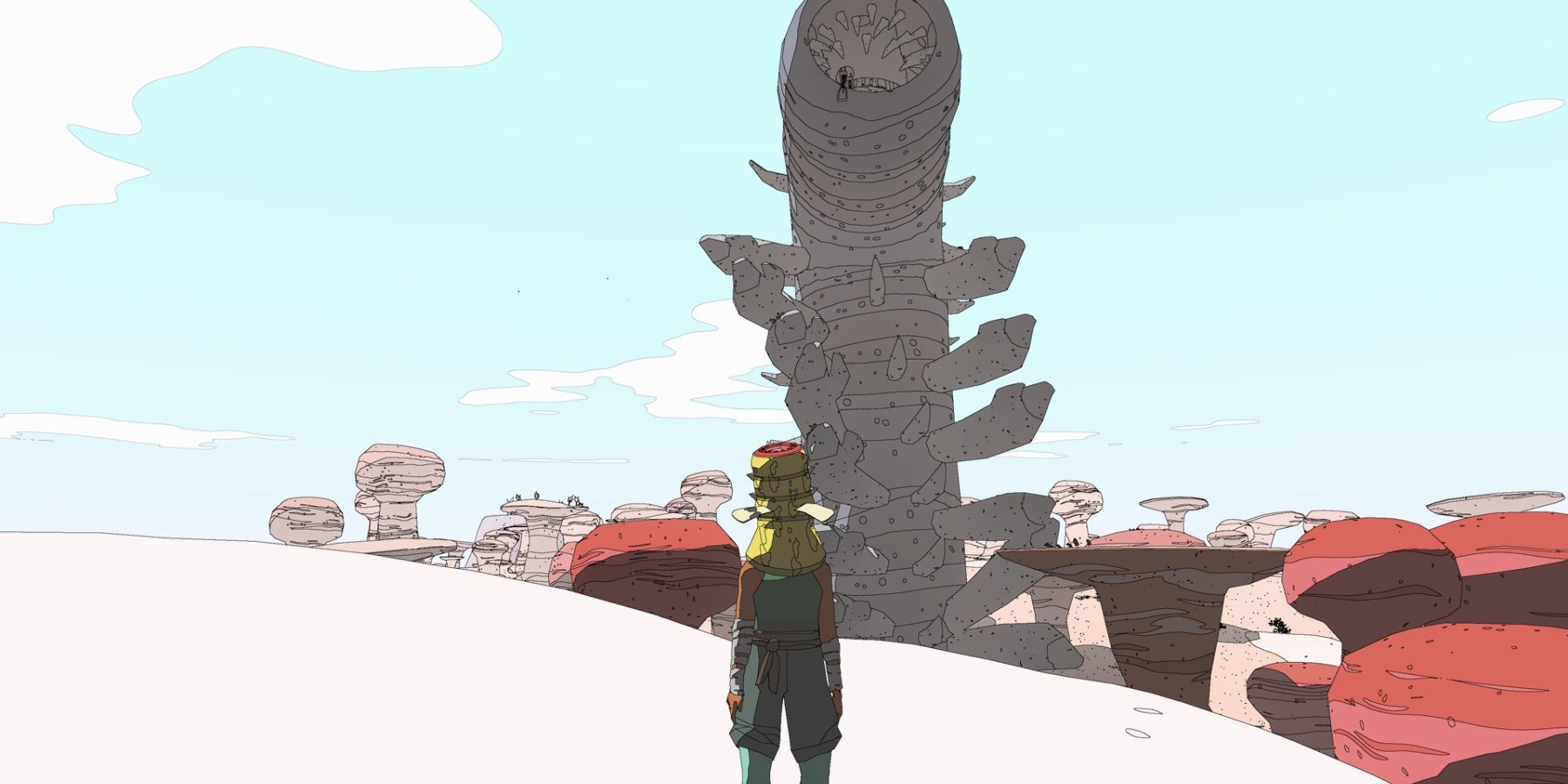 Sable in a sandworm mask standing in front of a large, stone sandworm