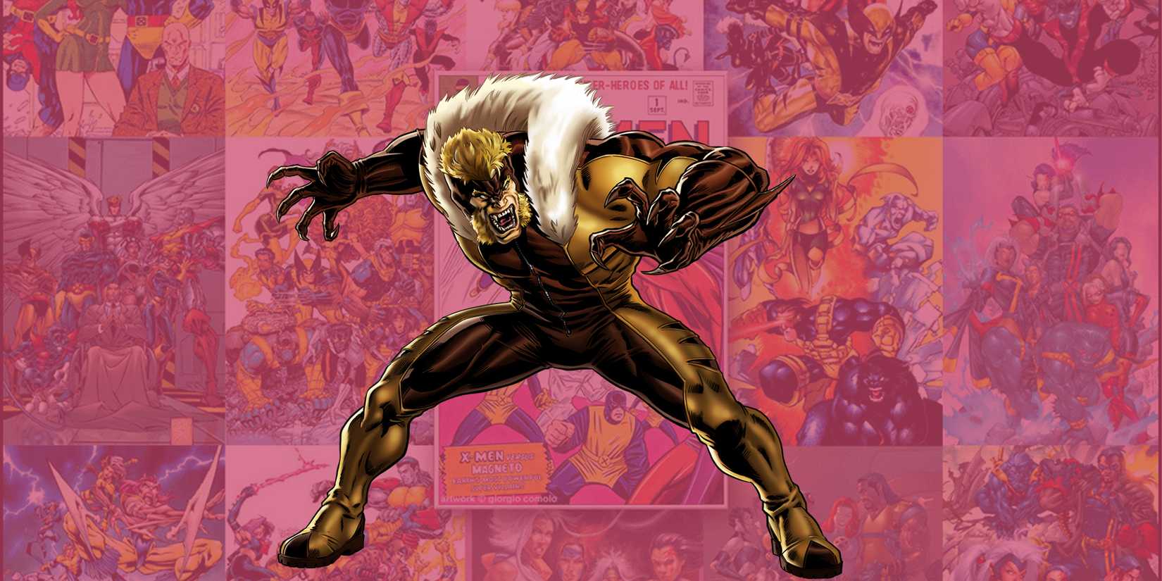 Sabretooth baring his claws in front of a collage of X-Men comics