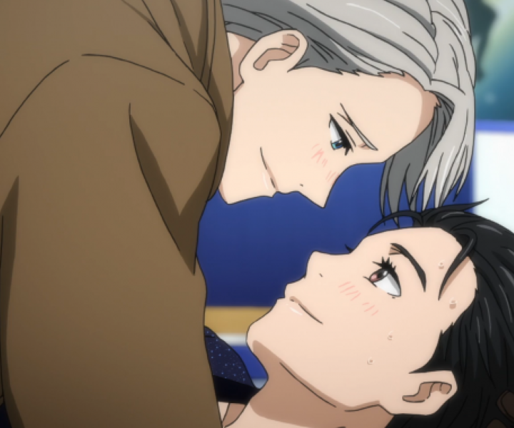 Yuri and Victor on ice embracing and smiling