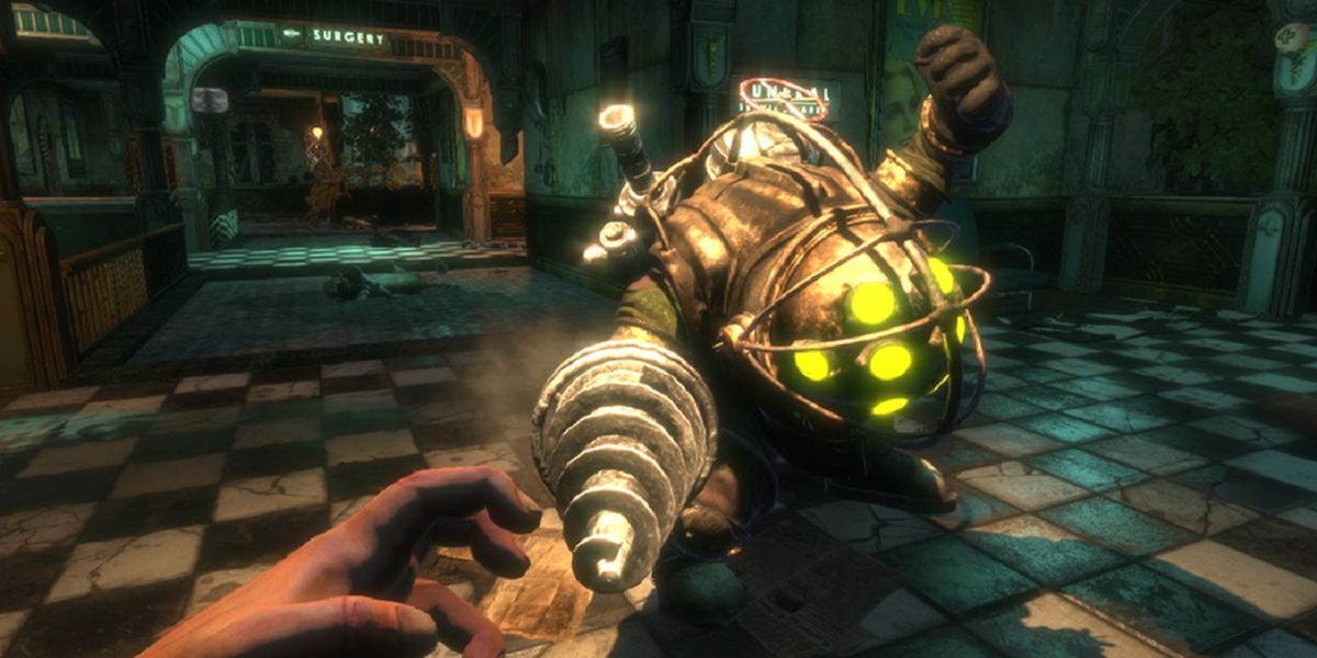 a Big Daddy attacking the player in BioShock