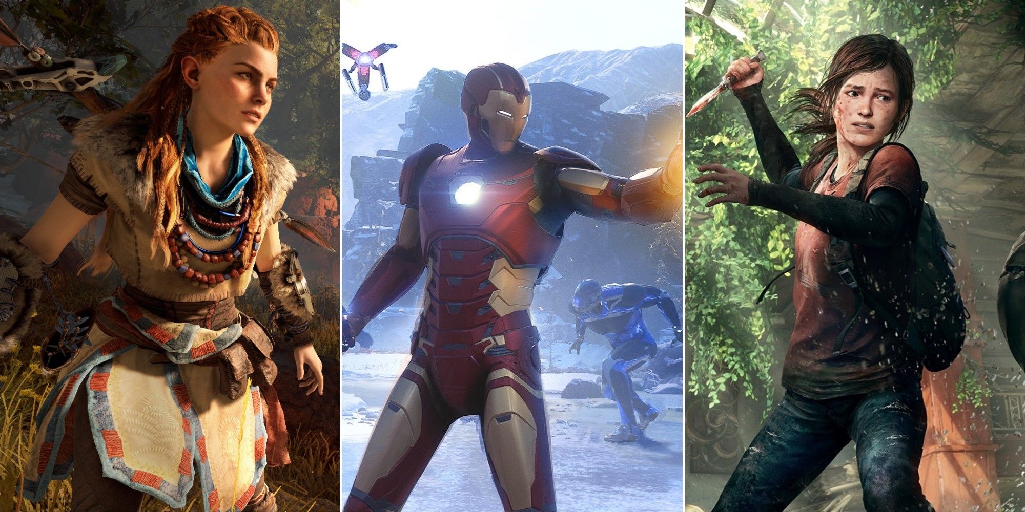 Left to right: Horizon Zero Dawn, Marvel's Avengers, and The Last Of Us