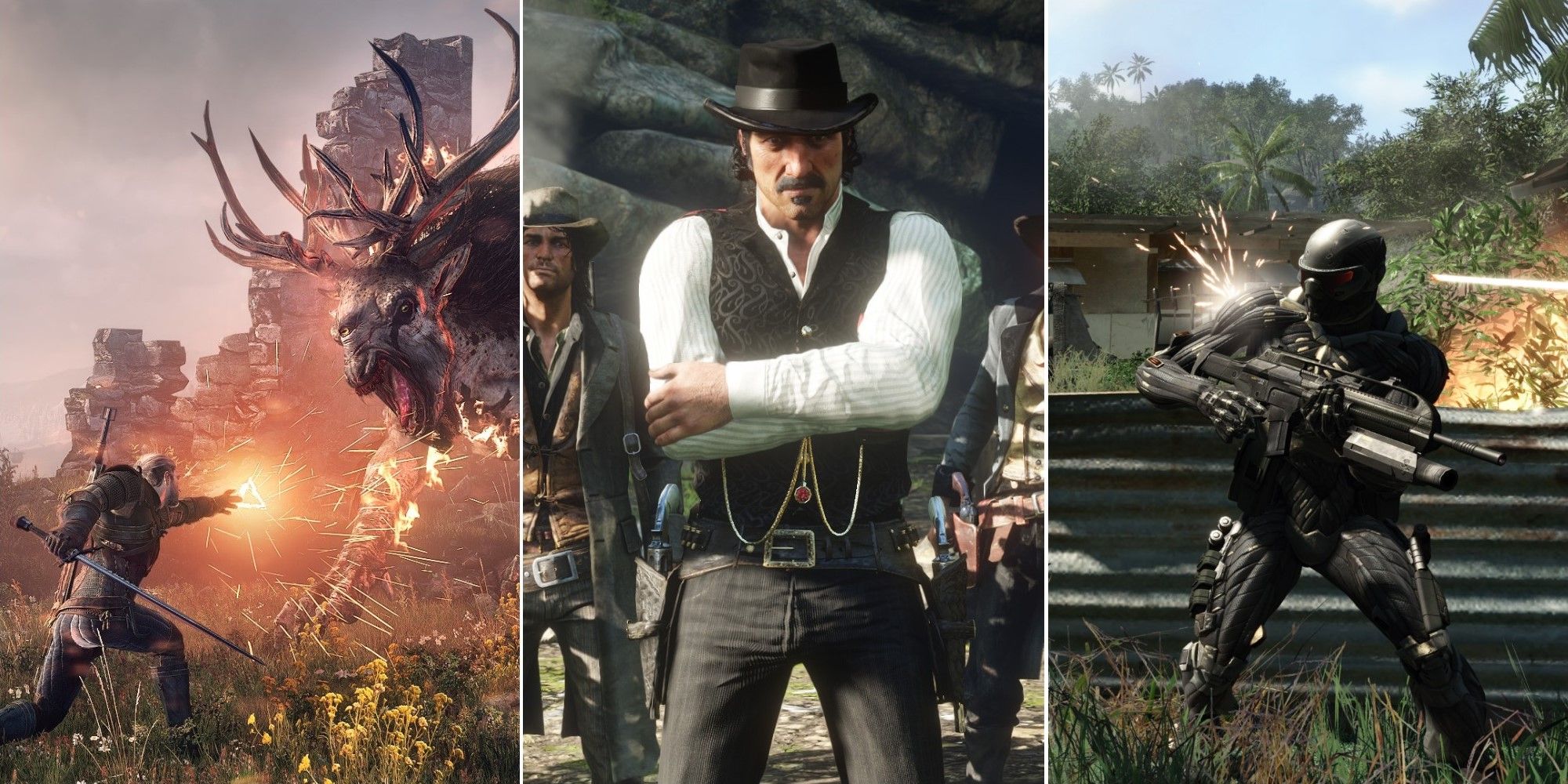 a collage of The Witcher 3, Red Dead Redemption 2, and Crysis