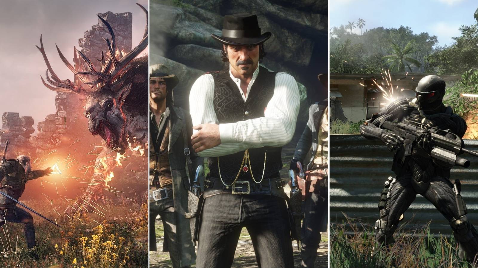 a collage of The Witcher 3, Red Dead Redemption 2, and Crysis