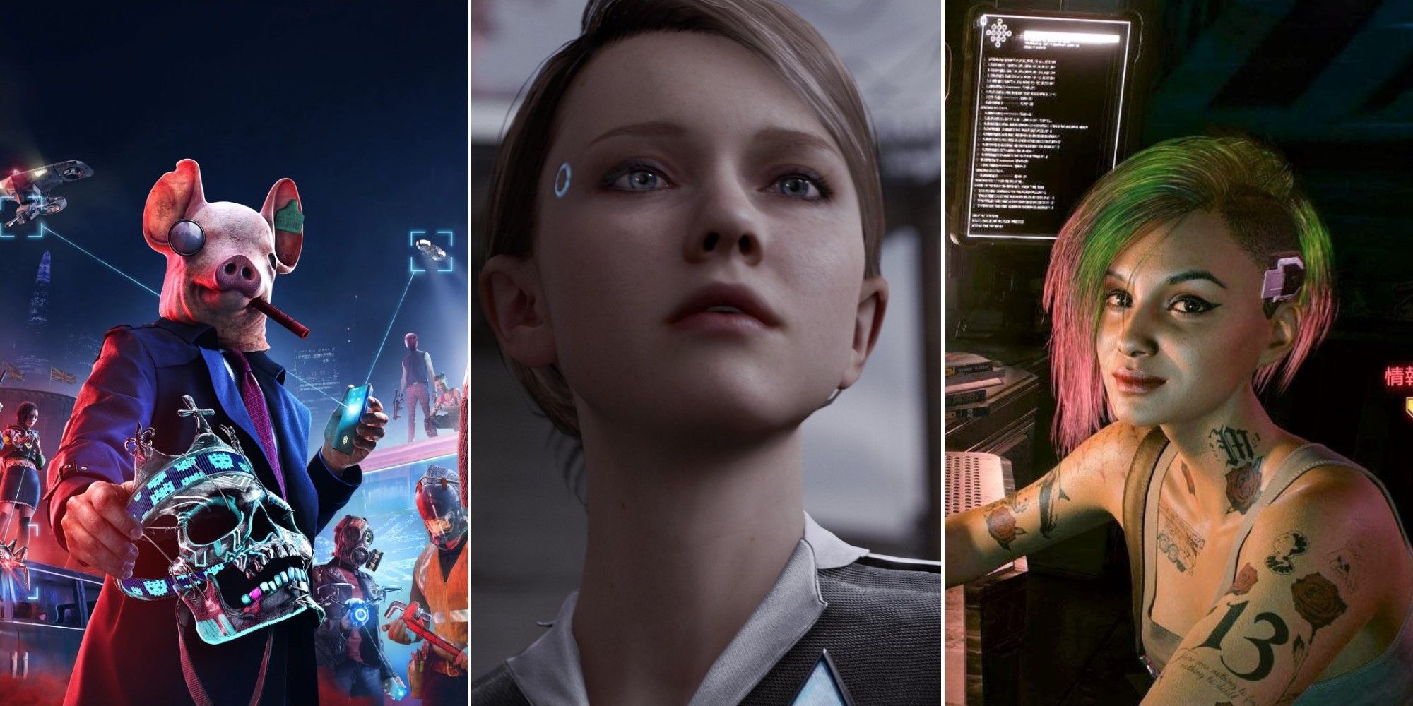 a collage of Watch Dogs Legion, Detroit Become Human and Cyberpunk 2077