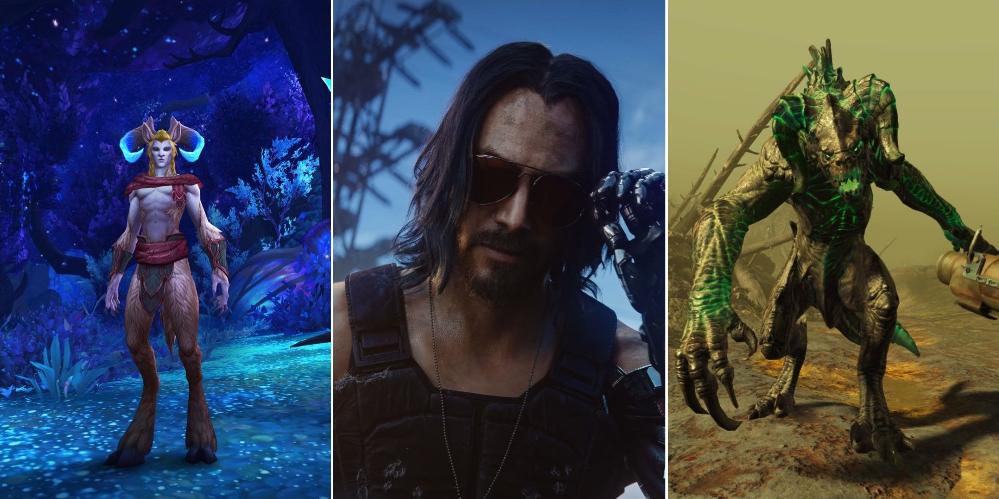 a collage of World Of Warcraft, Cyberpunk 2077, and Fallout 4