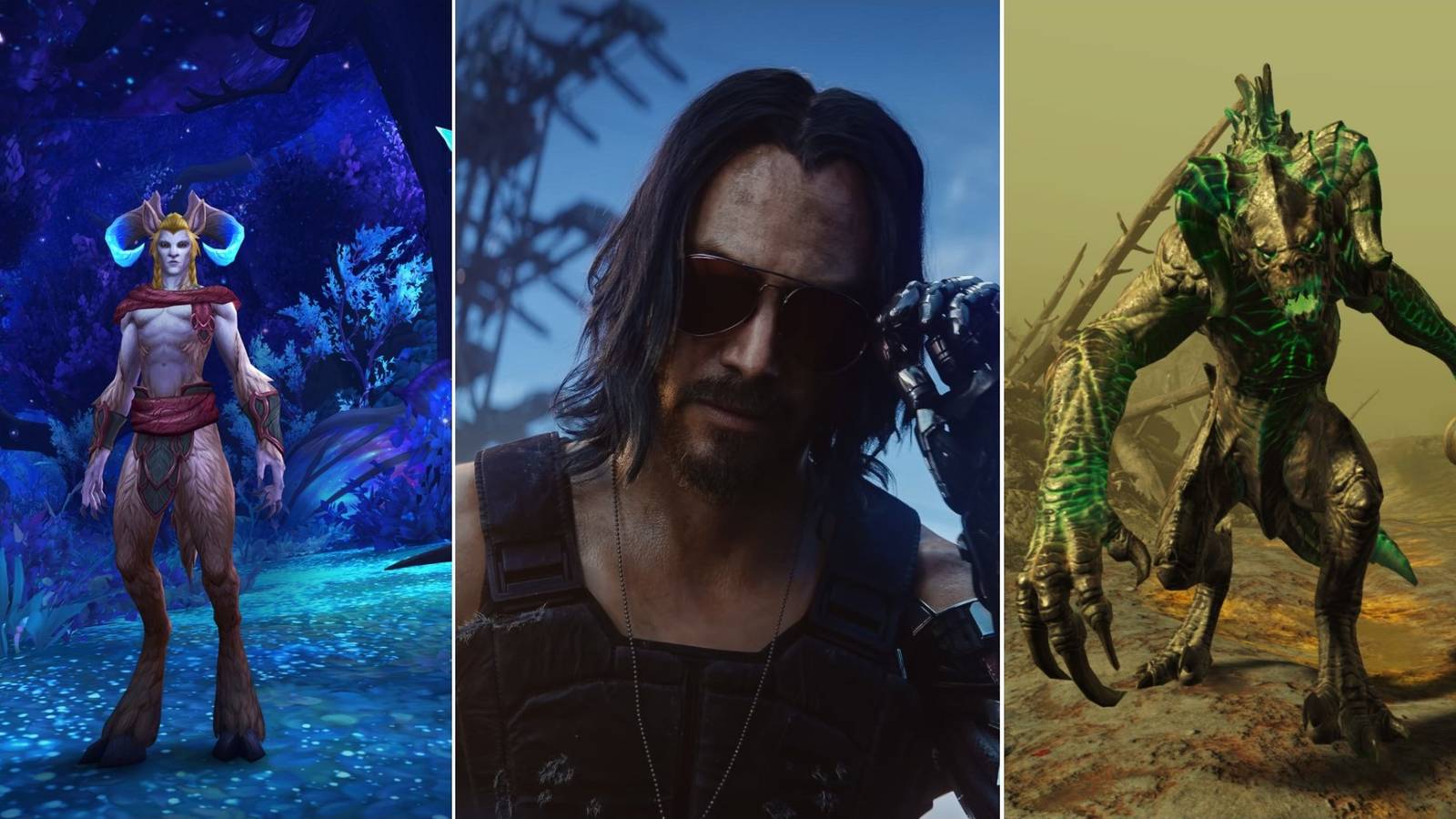 a collage of World Of Warcraft, Cyberpunk 2077, and Fallout 4
