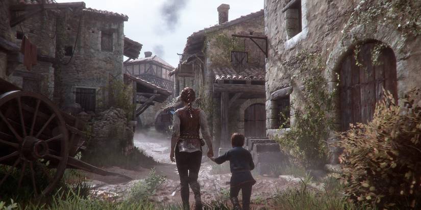 a plauges tale amicia and hugo walking into a run down village 