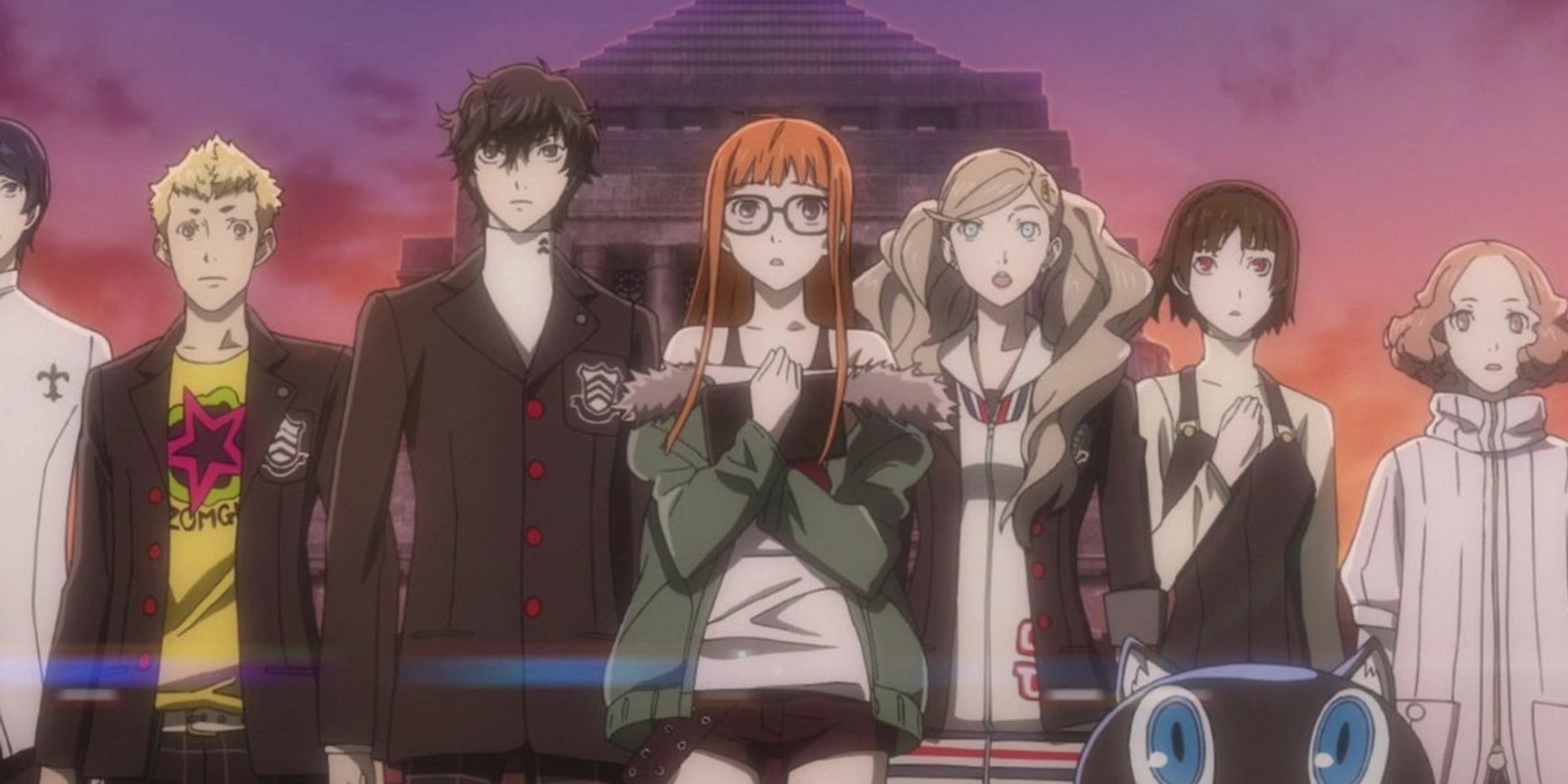 Persona 5 characters anime standing together looking towards but beyond camera