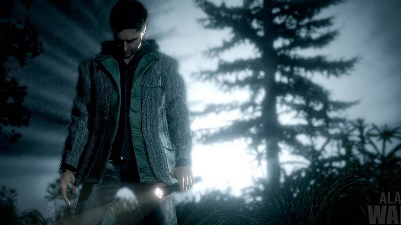 Image from Alan Wake showing the titular character in the foreground as a light shines behind him.