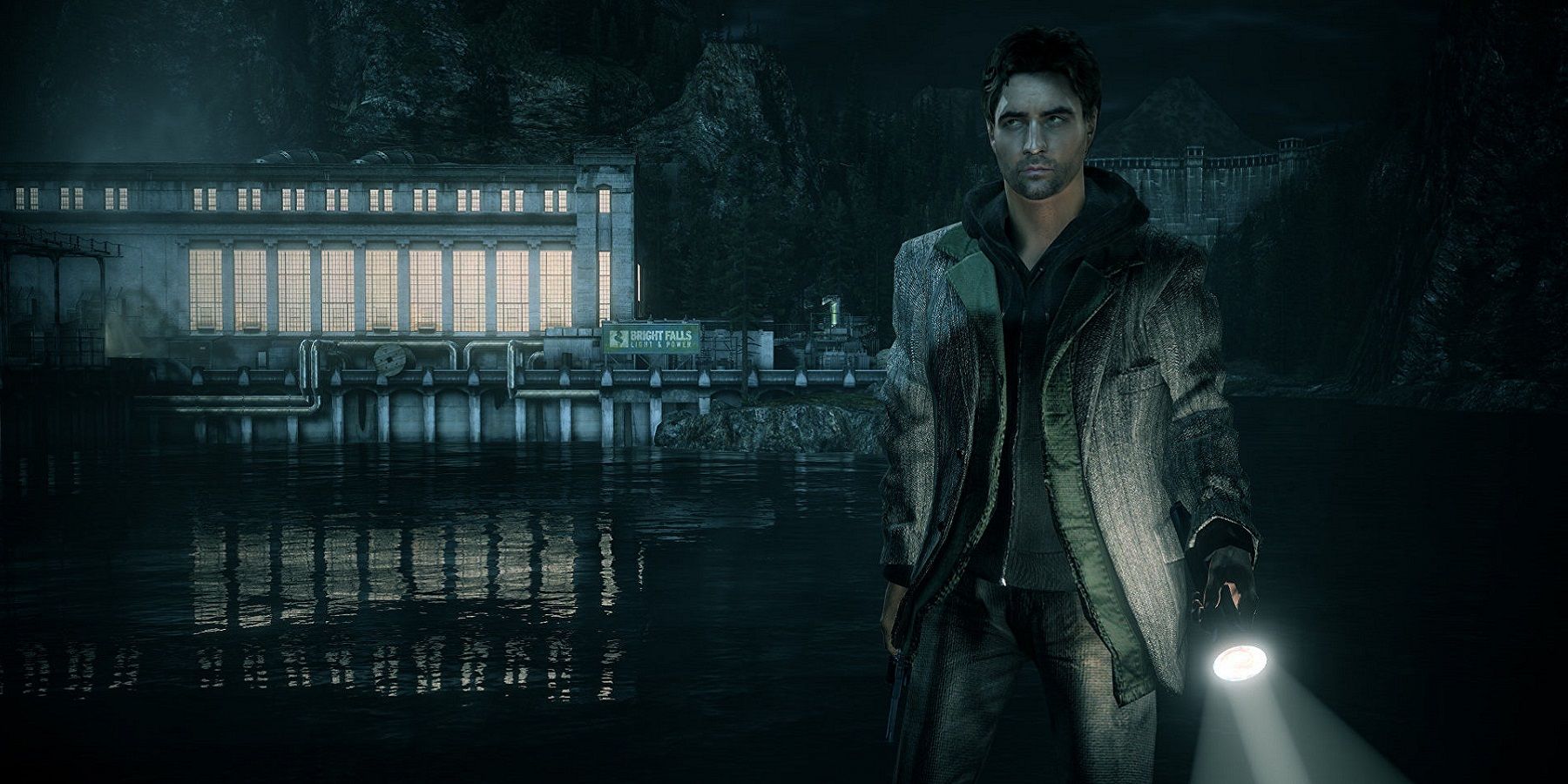 Image from Alan Wake showing the titular chatacter outside in the dark with a lit flashlight.
