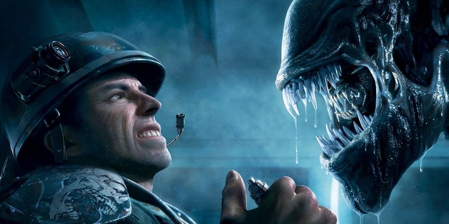 Artwork from Aliens: Colonial Marine showing an Xenomorph approaching a soldier as he is about to detonate a bomb.