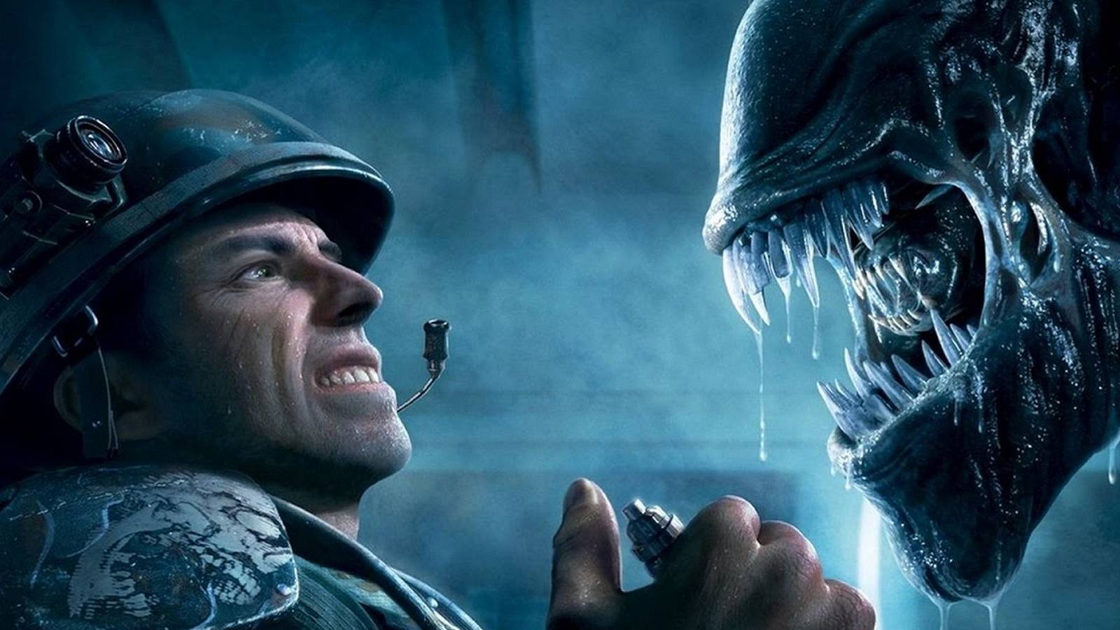 Artwork from Aliens: Colonial Marine showing an Xenomorph approaching a soldier as he is about to detonate a bomb.