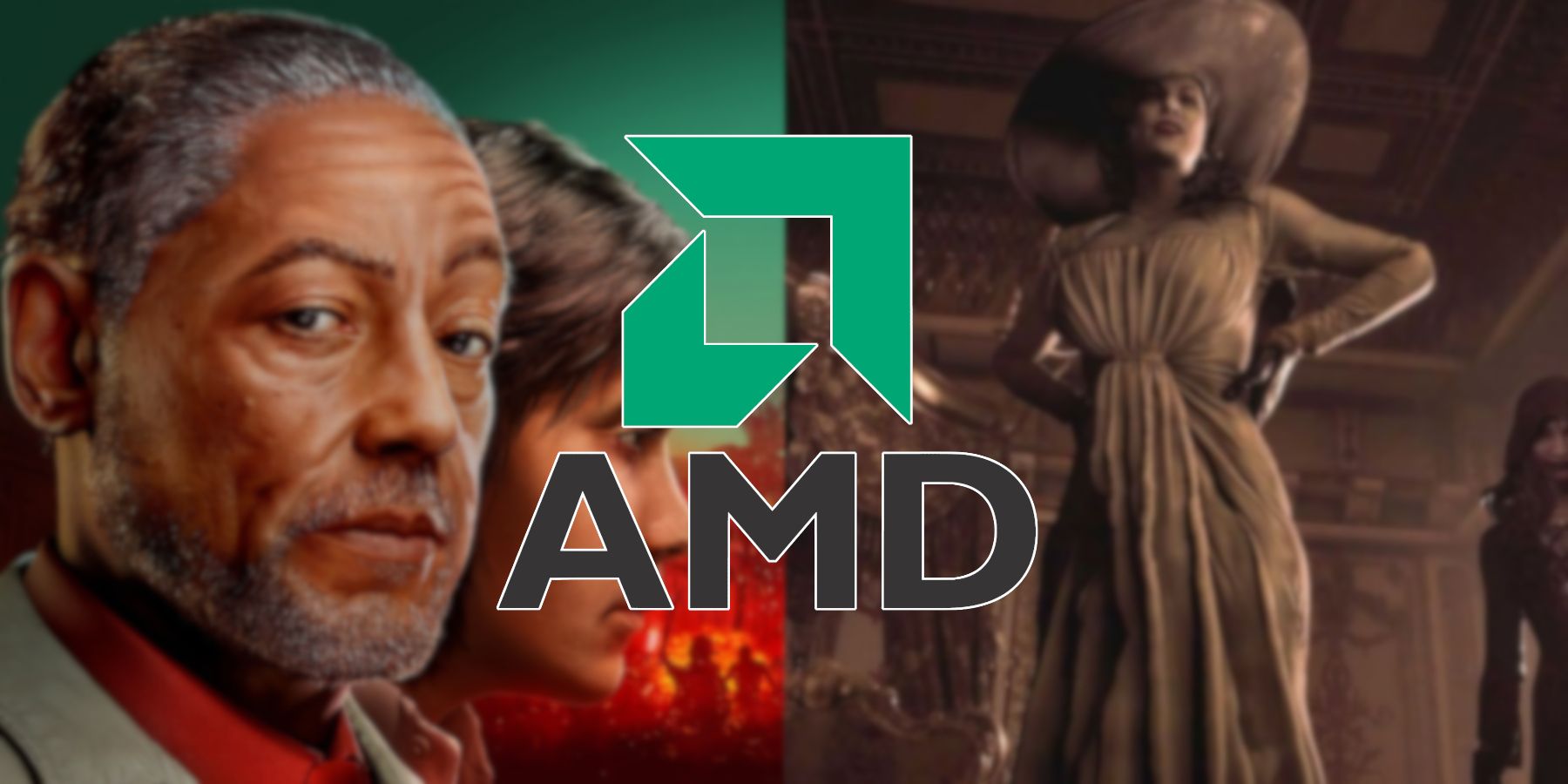 An image from Far Cry 6 on the left, and an image from Resident Evil Village on the right, with the AMD logo in between them.