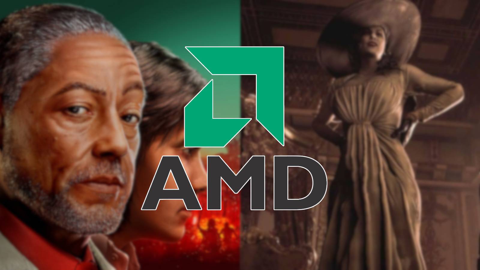 An image from Far Cry 6 on the left, and an image from Resident Evil Village on the right, with the AMD logo in between them.