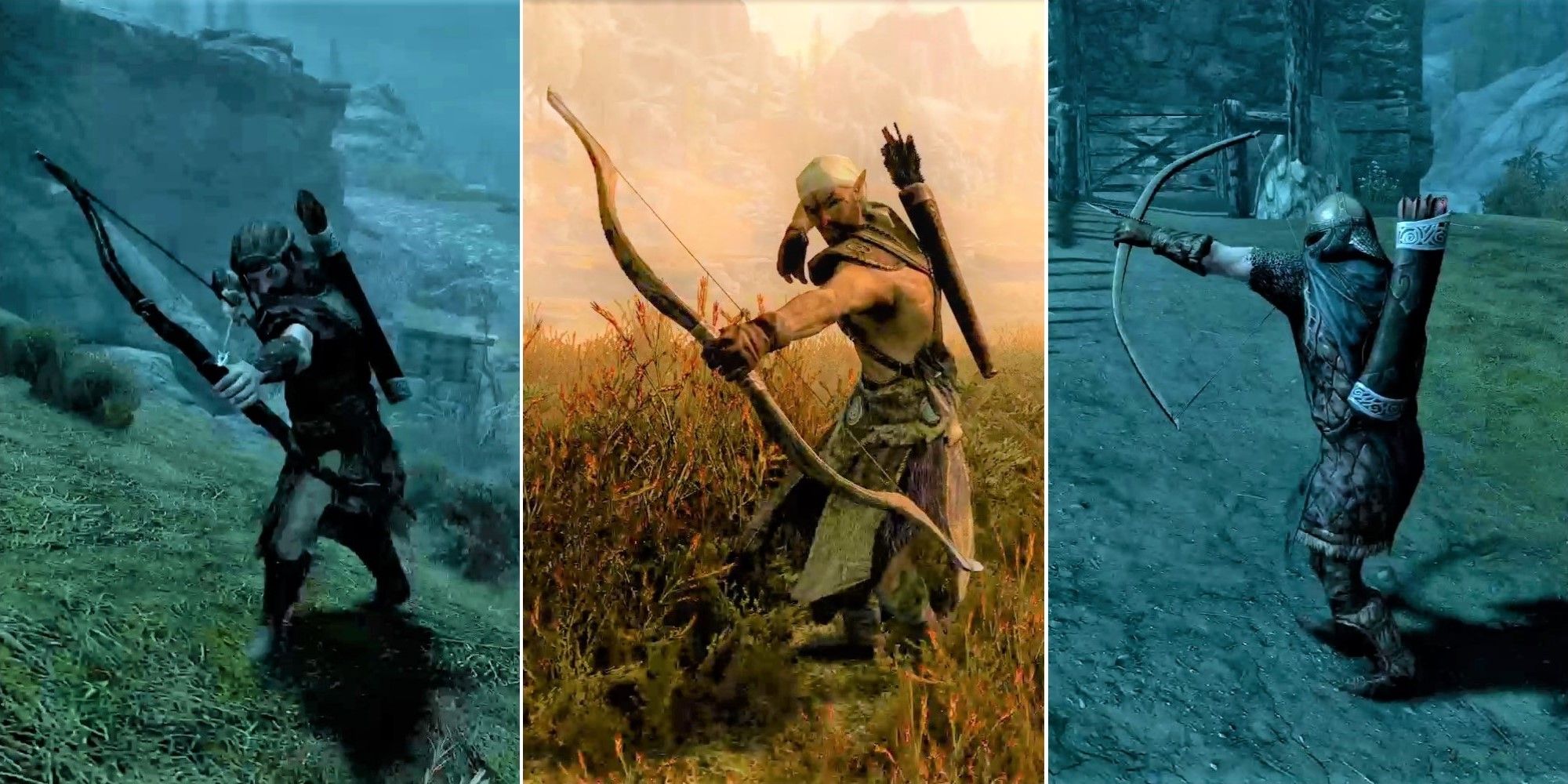 an Imperial archer, an elven hunter, and a Stormcloak archer in Skyrim