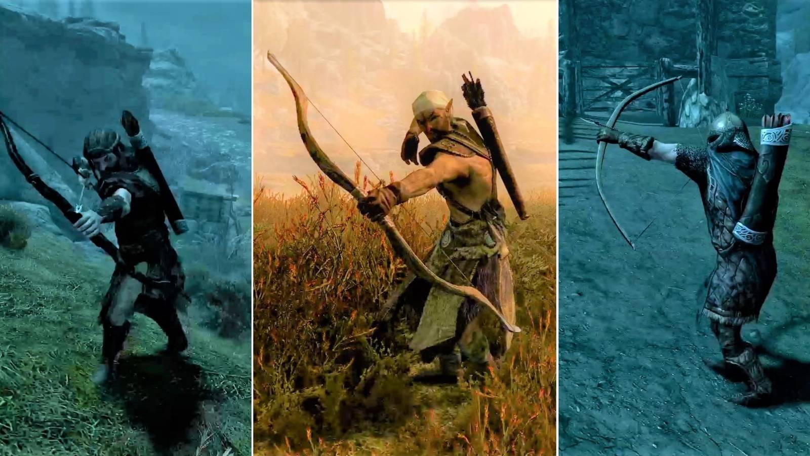 an Imperial archer, an elven hunter, and a Stormcloak archer in Skyrim