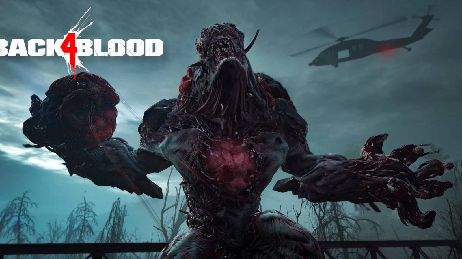 Image from Back 4 Blood showing an Ogre in the foreground, with a helicopter flying behind it.