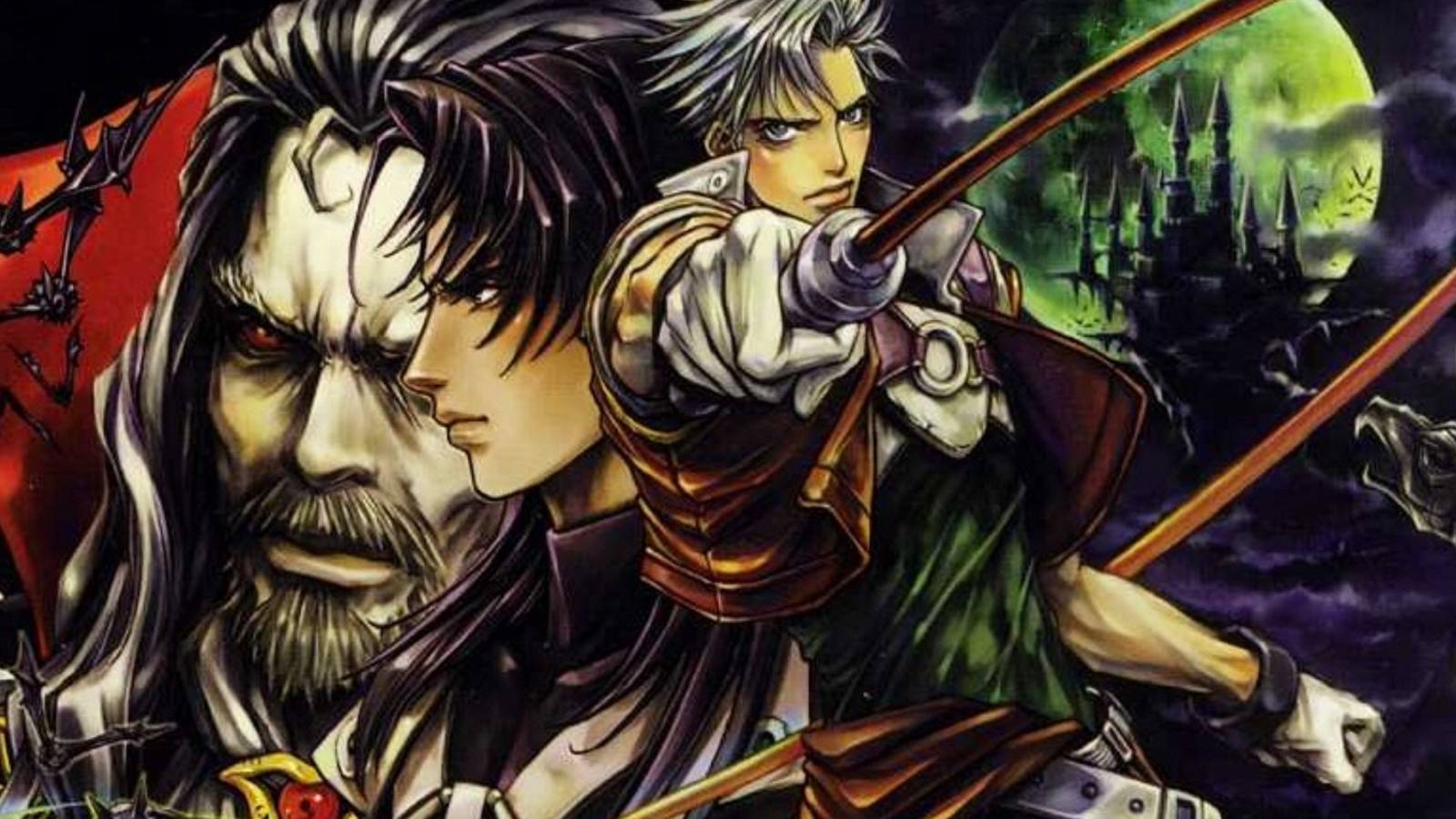 Artwork from the Castlevania Advance Collection on Game Boy Advance showing a host of characters.