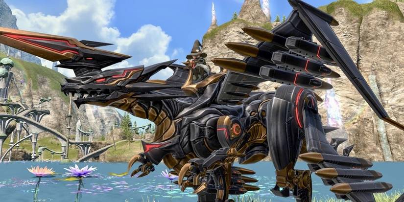 Lalafell riding a mech dragon.