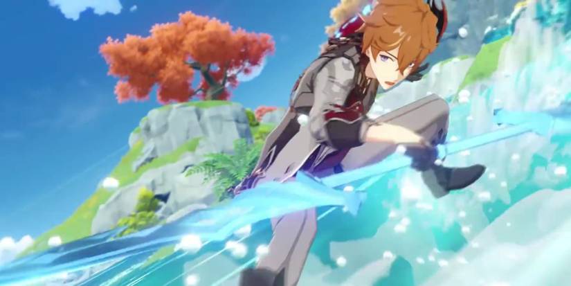 Genshin Impact Childe sliding on a waterfall