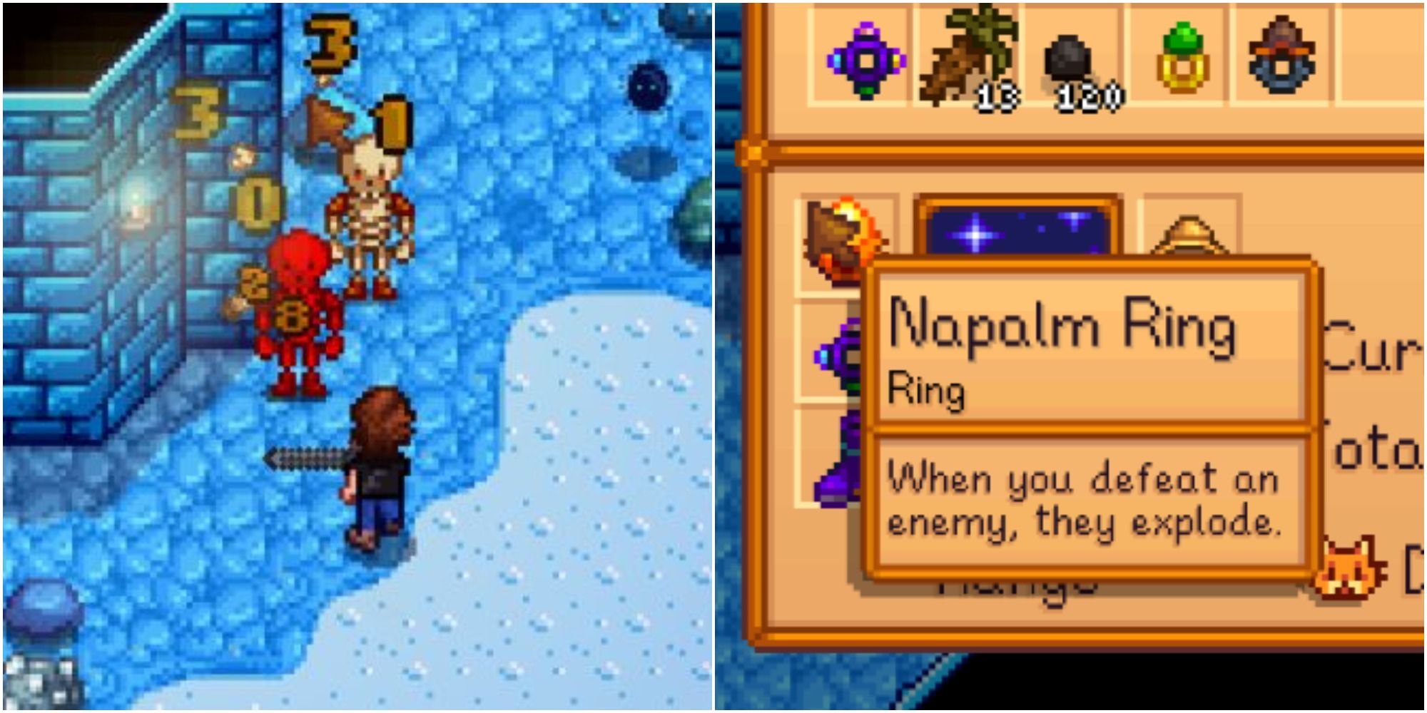 left: player fighting monsters; right: napalm ring