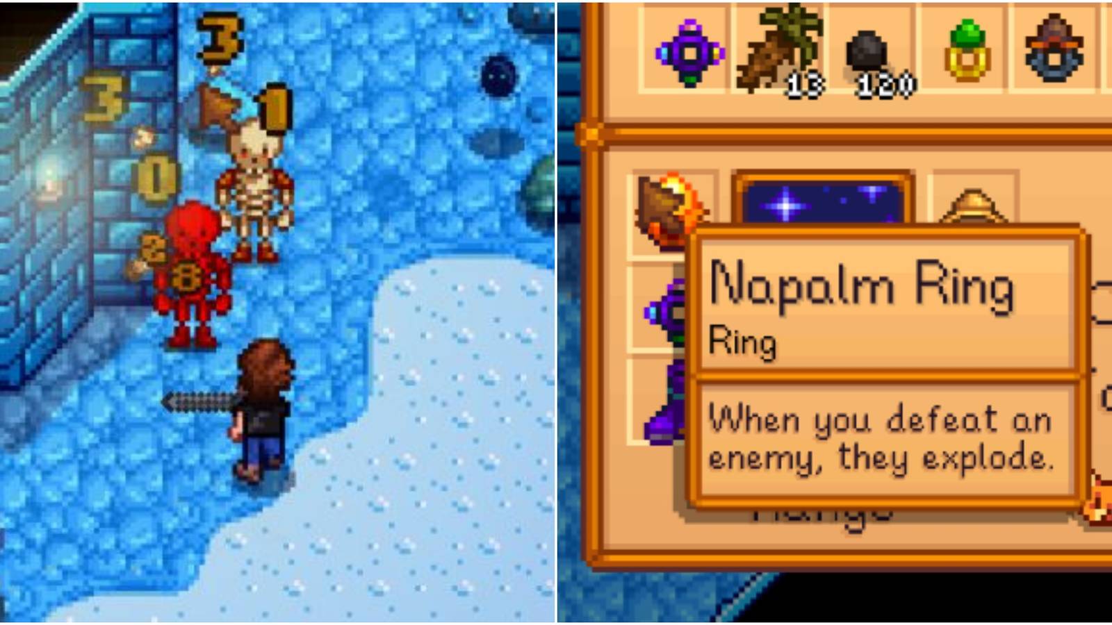 left: player fighting monsters; right: napalm ring