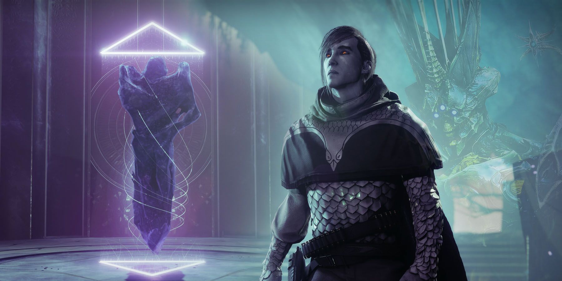 Crow from Destiny 2 with Savathun in her Crystal chrysalis prison from Season of the Lost on the left and Savathun as she looks in the Witch Queen looking over his shoulder from the right side of the image.