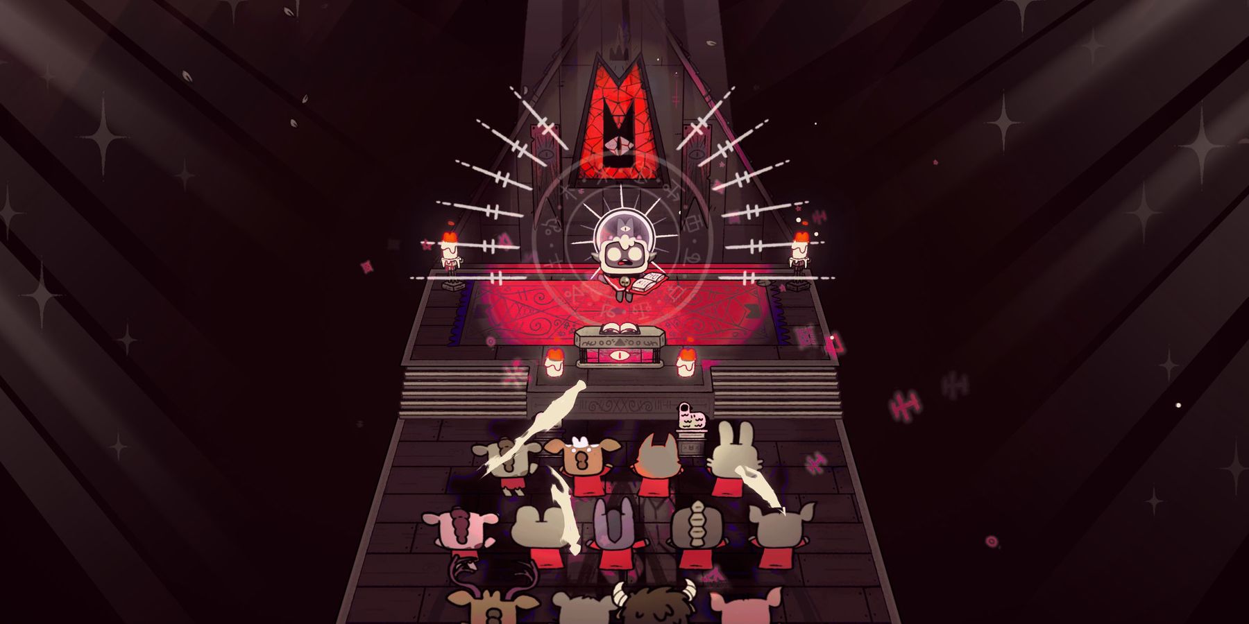The player's character in Cult of the Lamb delivers a sermon within the cult's temple.