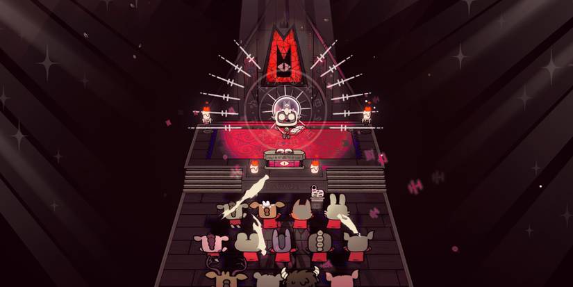 The player's character in Cult of the Lamb delivers a sermon within the cult's temple.