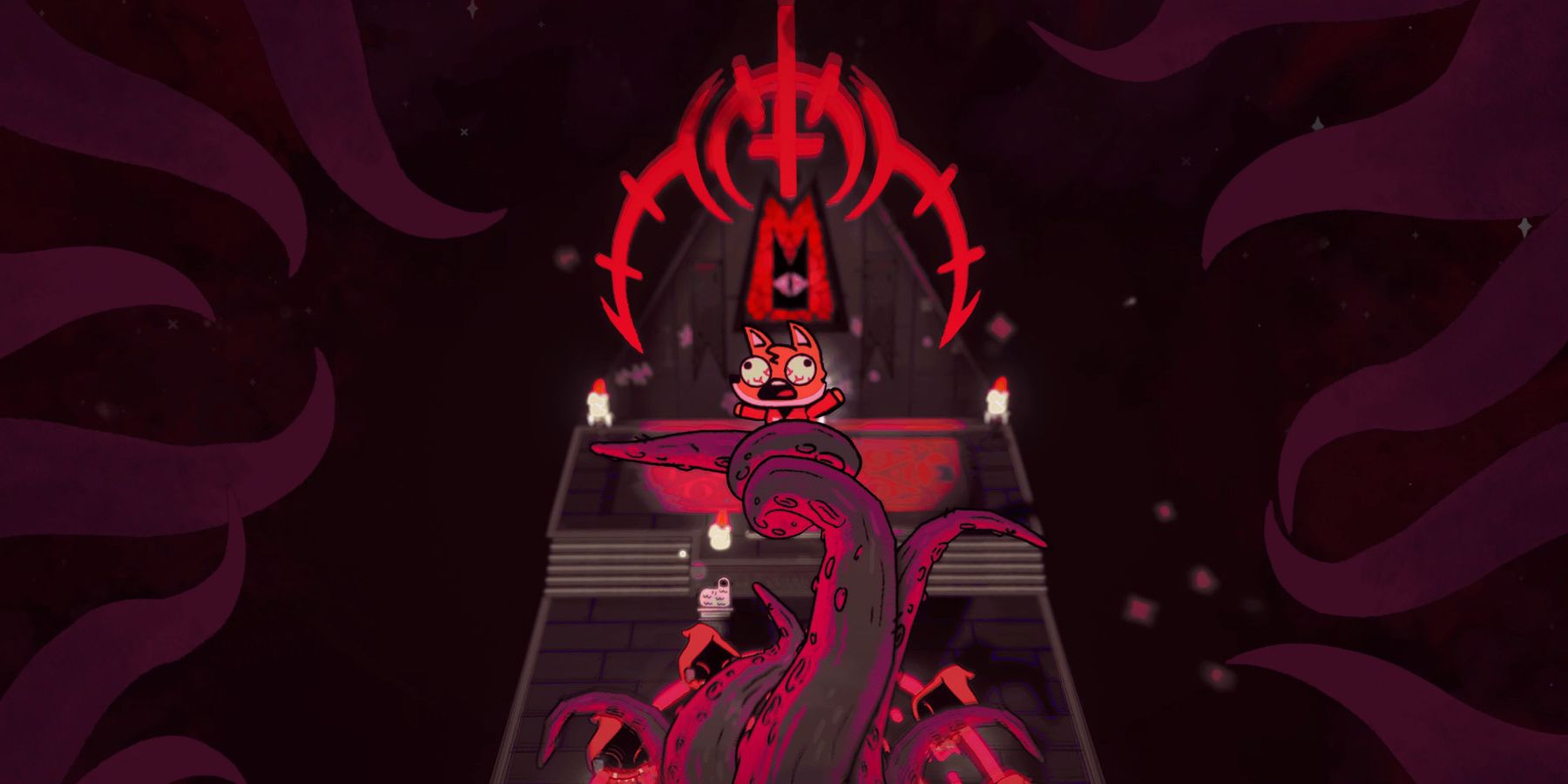 A cult member is sacrificed to a tentacle god in the cult's temple in Cult of the Lamb.