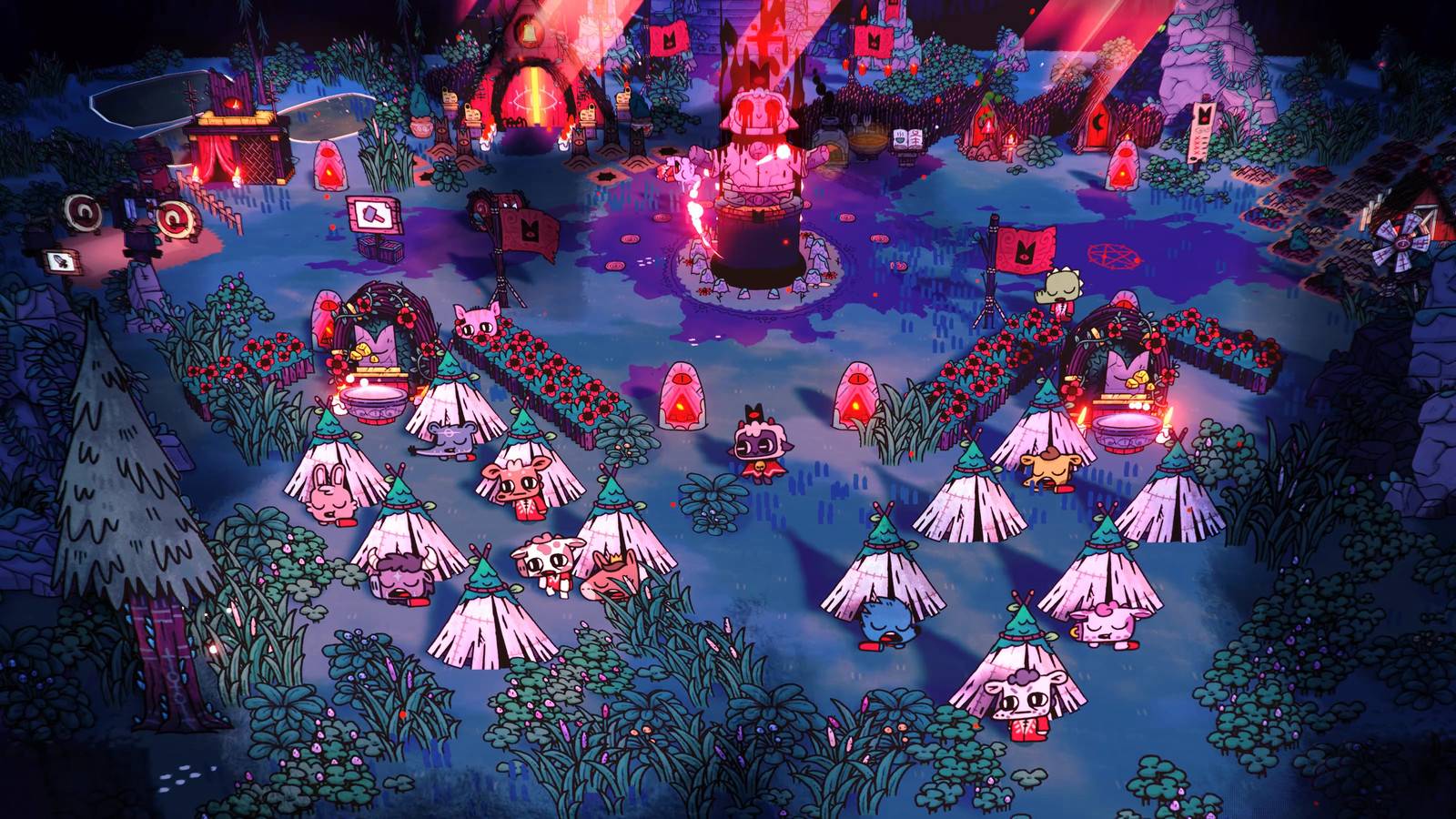 Cult of the Lamb's playable character watches over their flock of cult followers as they sleep with the cult's deity statue in the background.
