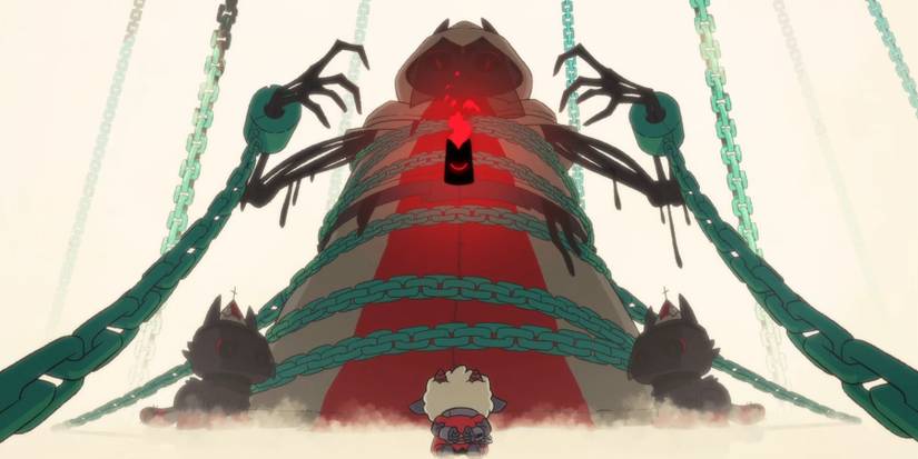 The Lamb from Cult of the Lamb stands before the demonic entity that saves them.