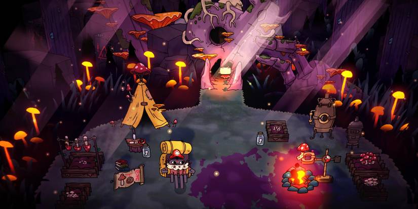 A merchant character in Cult of the Lamb as the player's character walks off screen.