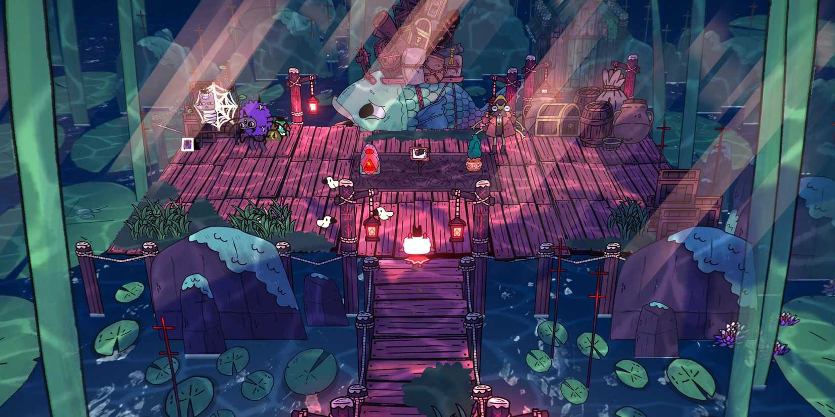 The player's character walks down a pier in a swamp with a giant fish carrying wares at the end in Cult of the Lamb
