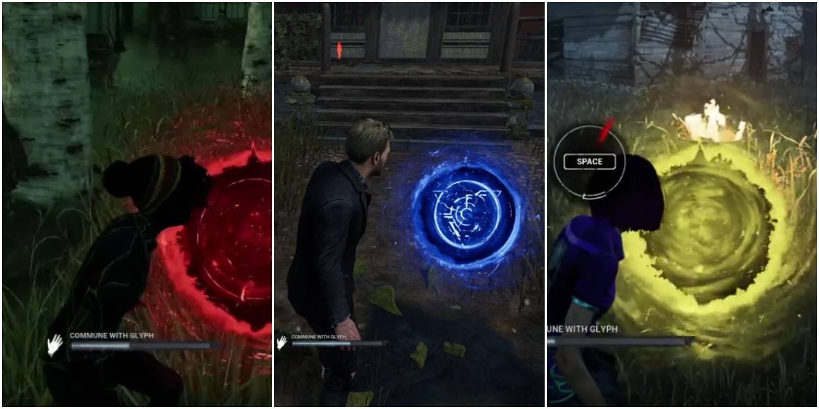 dead by daylight red blue and yellow glyphs