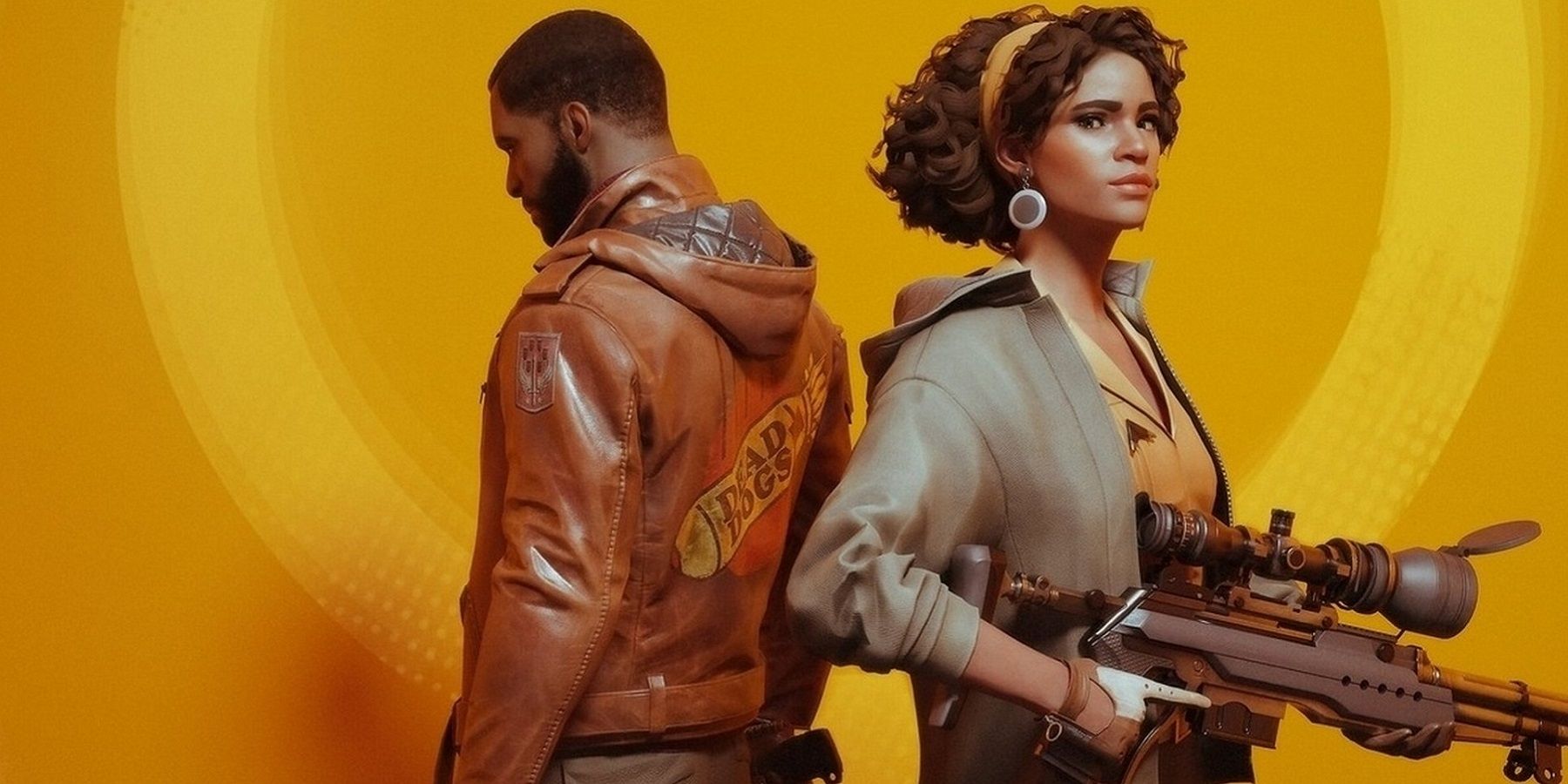 Artwork from Deathloop showing Julianna and Colt back-to-back on a yellow gradiant background.