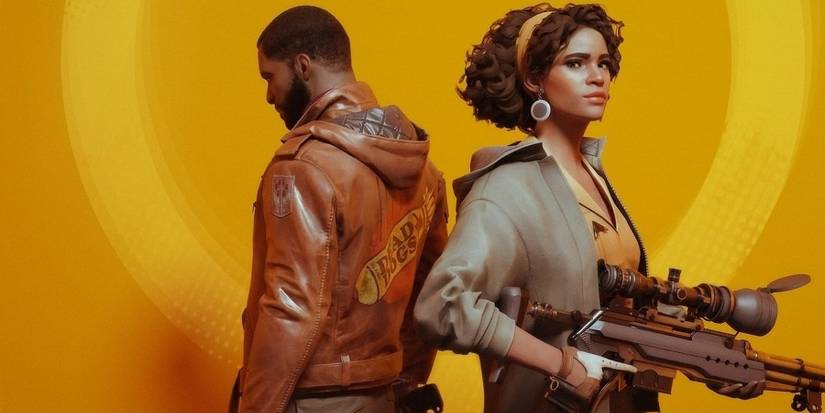 Artwork from Deathloop showing Julianna and Colt back-to-back on a yellow gradiant background.