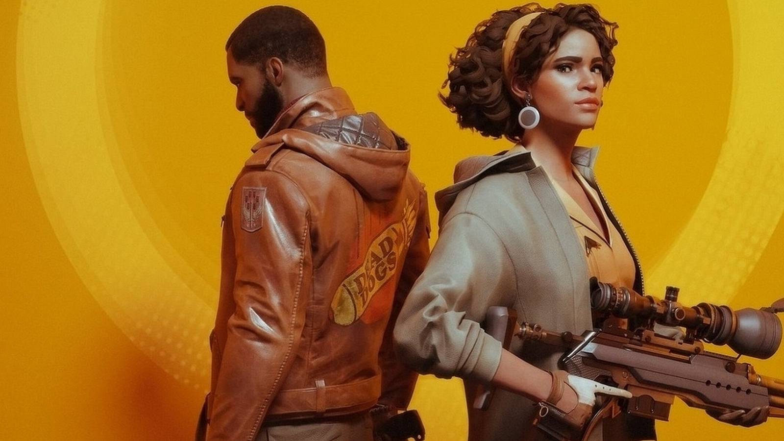 Artwork from Deathloop showing Julianna and Colt back-to-back on a yellow gradiant background.