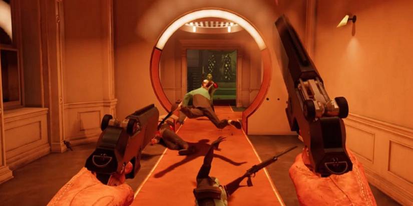 Screenshot from Deathloop showing a character falling back having just been shot.