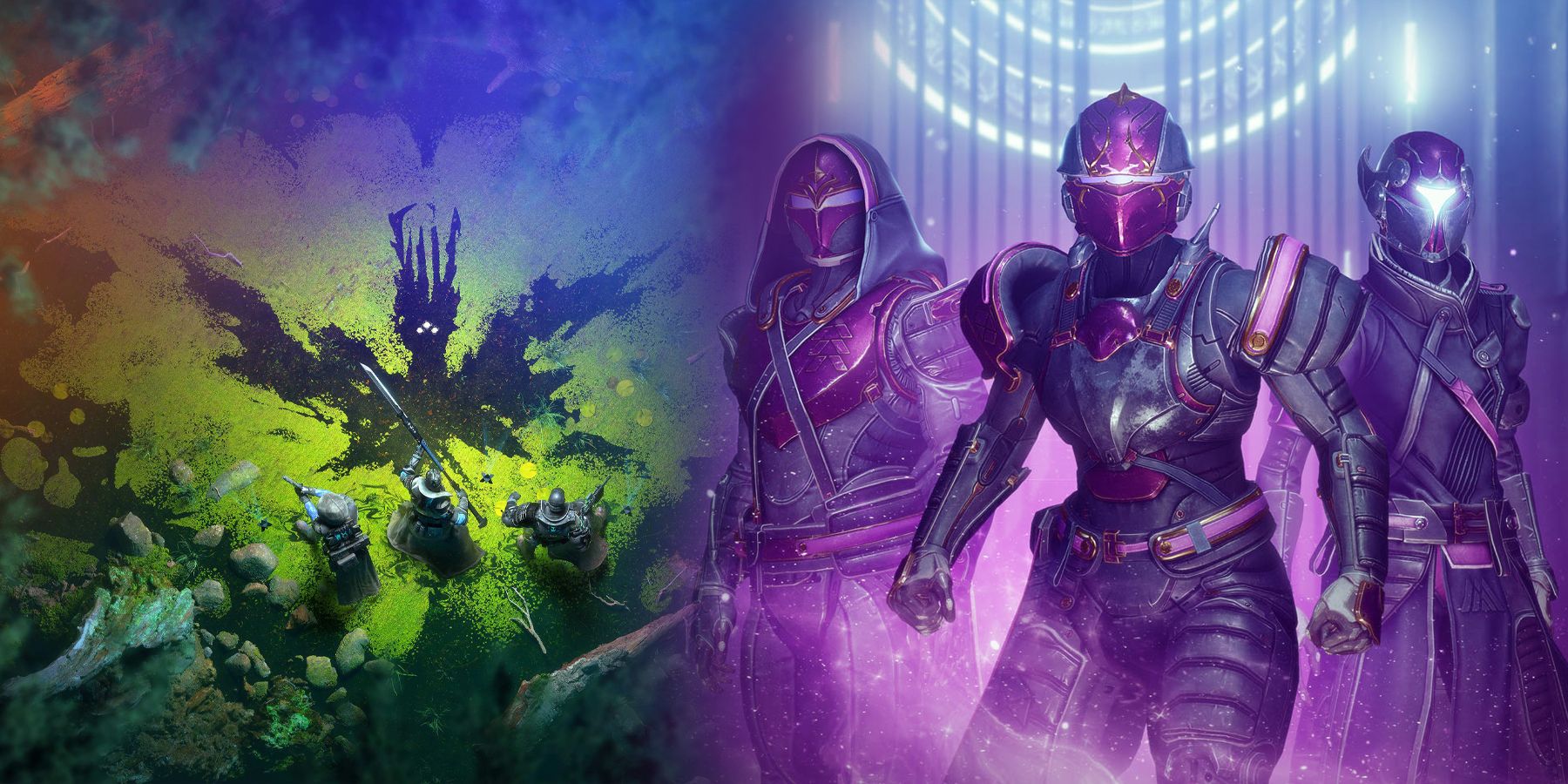 A colorful image of Guardians in Destiny 2 wearing Season of the Lost armor on the right and a fireteam of three wading through the swamp of Savathun's throne world in the Witch Queen expansion with her silhouette in the mossy water.