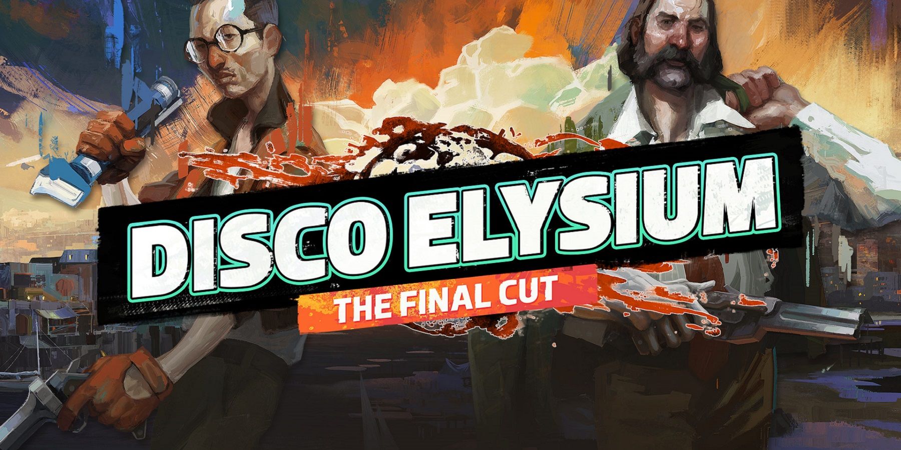 Image from Disco Elysium: The Final Cut showing Kim and Harrier behind the game's logo.