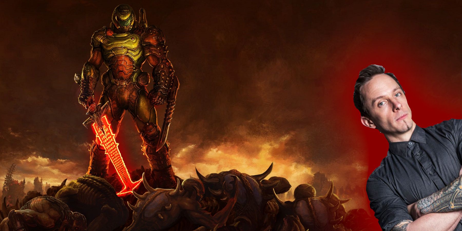 Artwork from Doom Eternal showing Doom Guy on top of a pile of bodies while holding the Crucible, wth Mick Gordon off to the side.