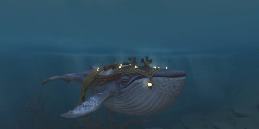 Whale with two characters riding on it. 