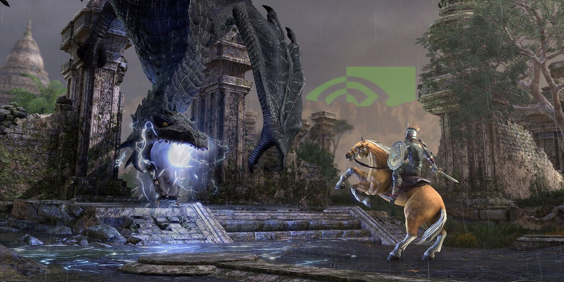 Artwork from Elder Scrolls Online showing a character on a horse about to fight a dragon as the Nvidia logo looms in the background behind a cloud.