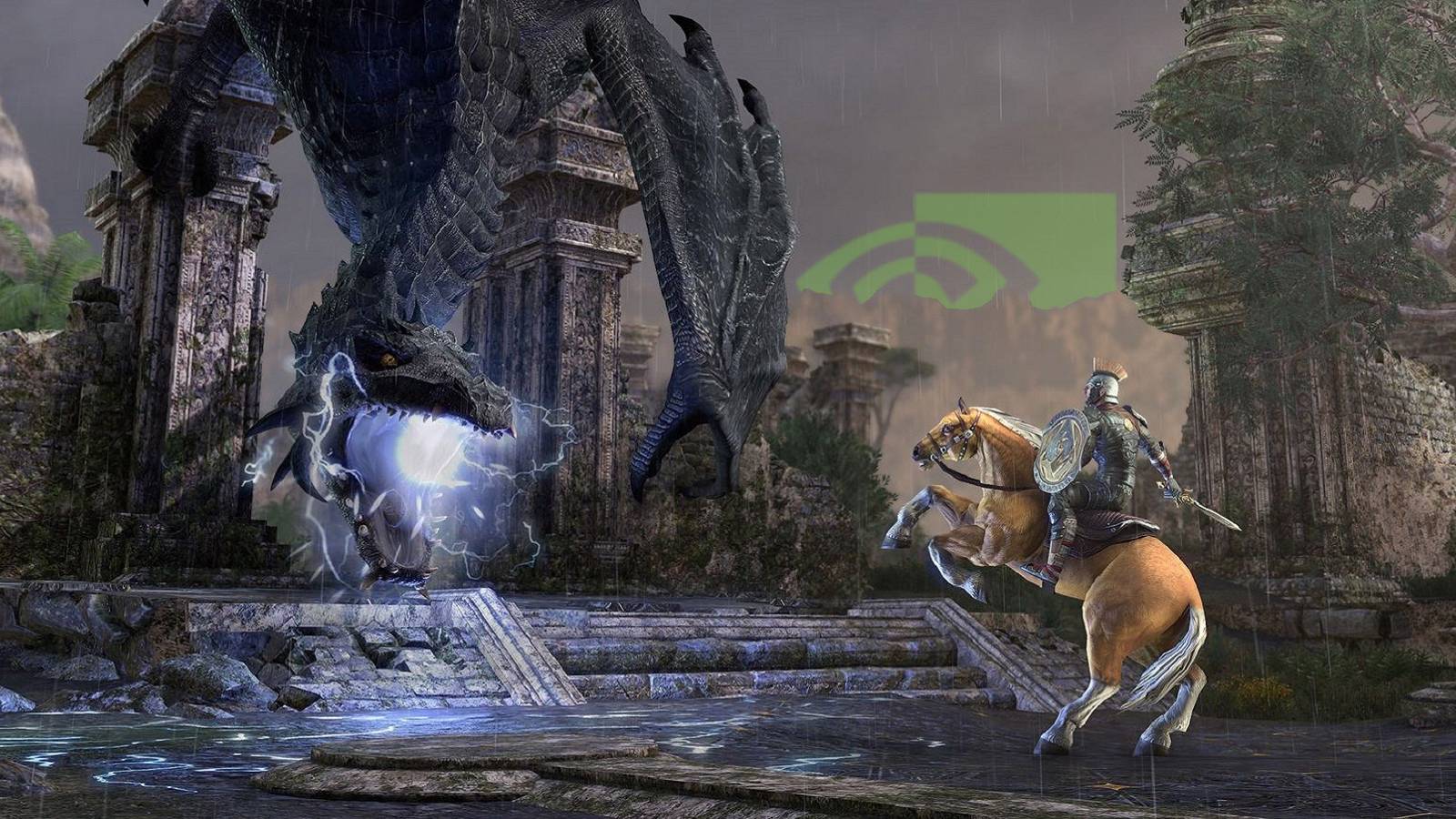 Artwork from Elder Scrolls Online showing a character on a horse about to fight a dragon as the Nvidia logo looms in the background behind a cloud.