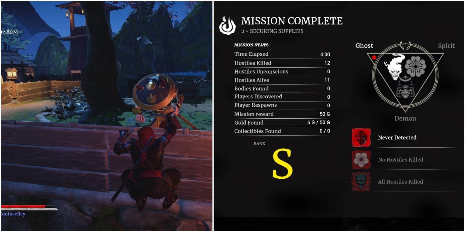 feature image aragami 2 s rank ghost guide player doing a stealth kill and the mission completed screen with s rank