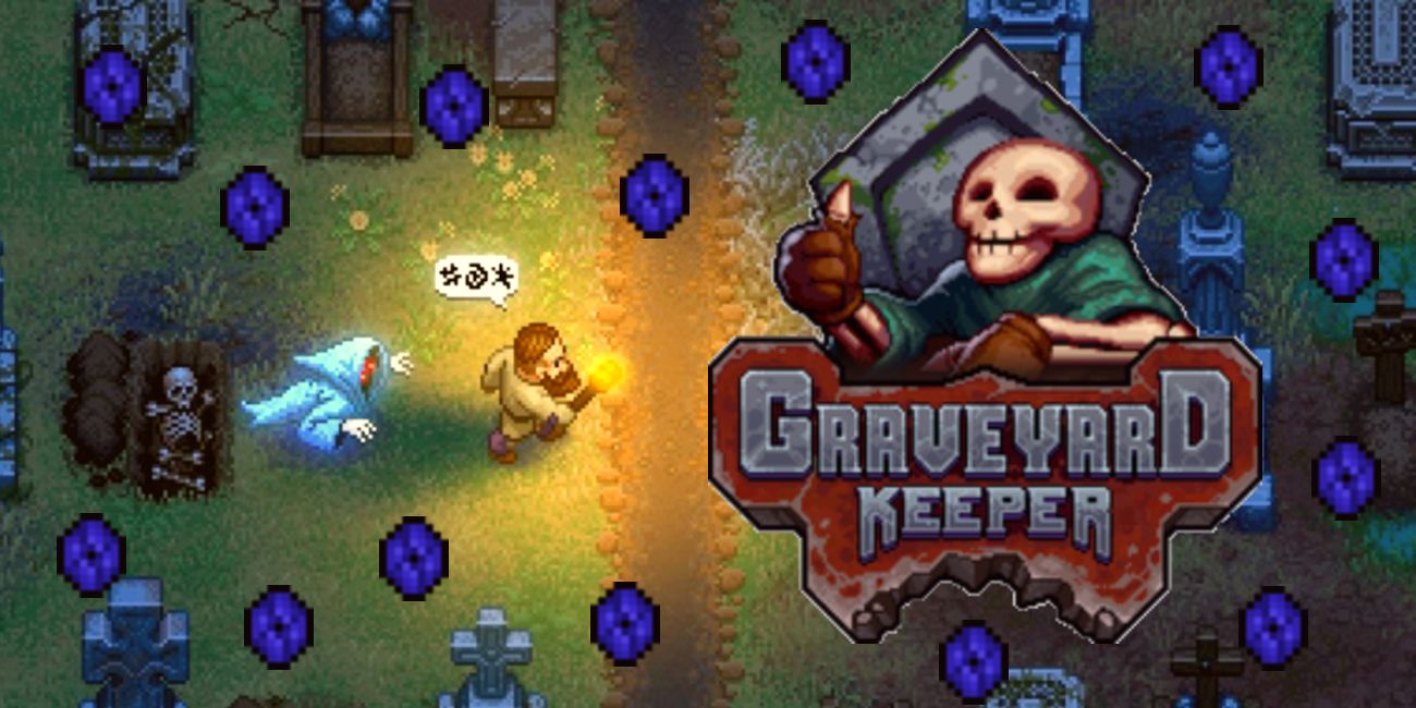 feature image graveyard keeper blue techpoints guide with game logo and player running from ghost