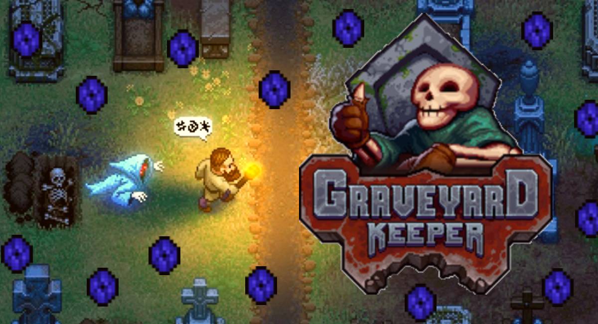 feature image graveyard keeper blue techpoints guide with game logo and player running from ghost
