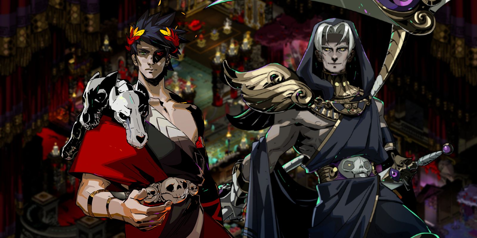 feature image hades romance thanatos guide zagreus and thanatos in front of the house of hades