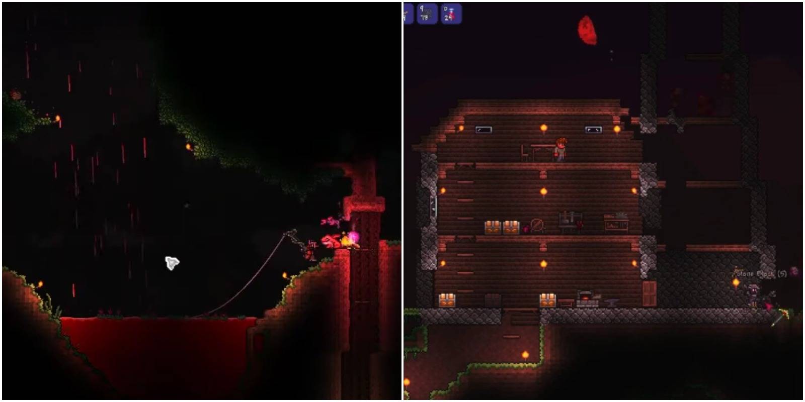 feature image terraria beat zombie merman guide fishing during blood moon and player watching a blood moon from home